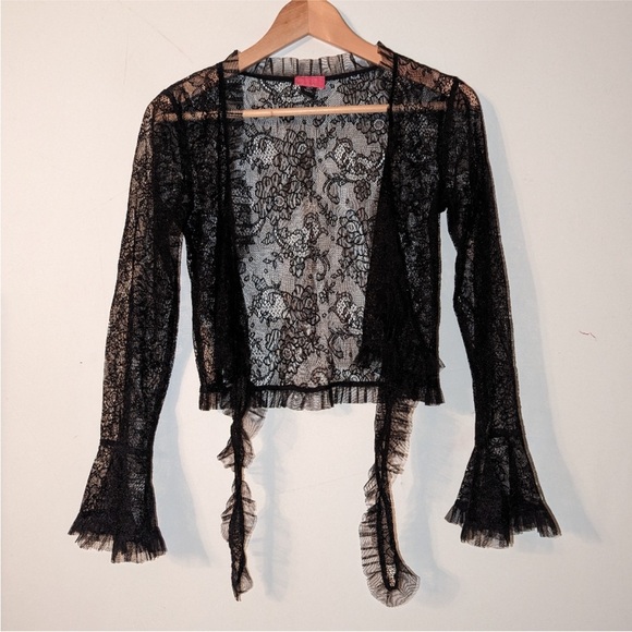 Betsey Johnson Black Lace Bell Sleeve Tulle Front Tie Waist Crop Blouse - Picture 16 of 16